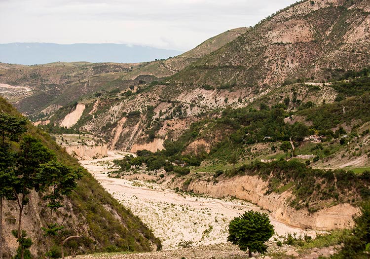 Dry rverbeds and severe erosion in Haiti's mountains.