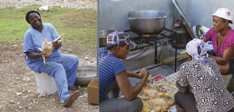 Haitian women plucking chickens.