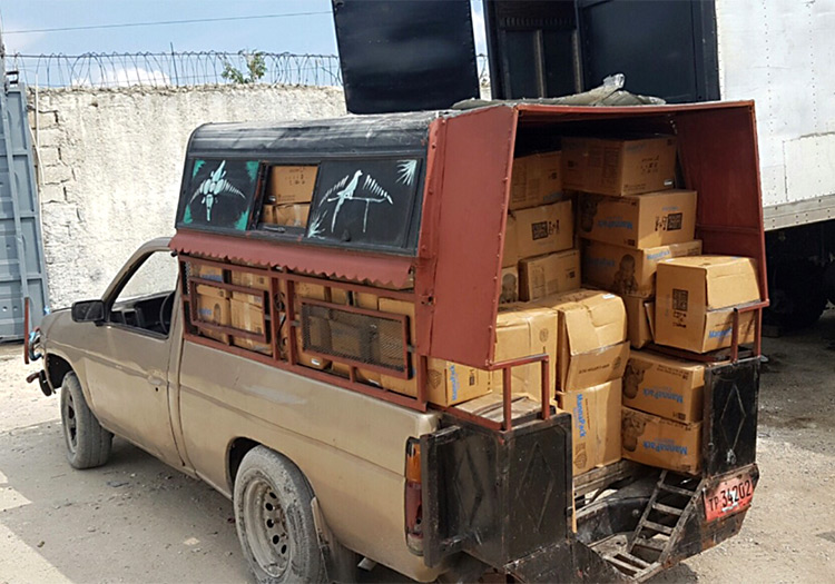 Truck loaded with food and supplies to go to Ganthier