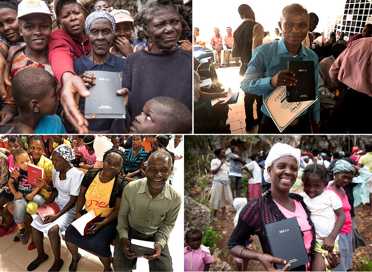 Haitians with donated Bibles