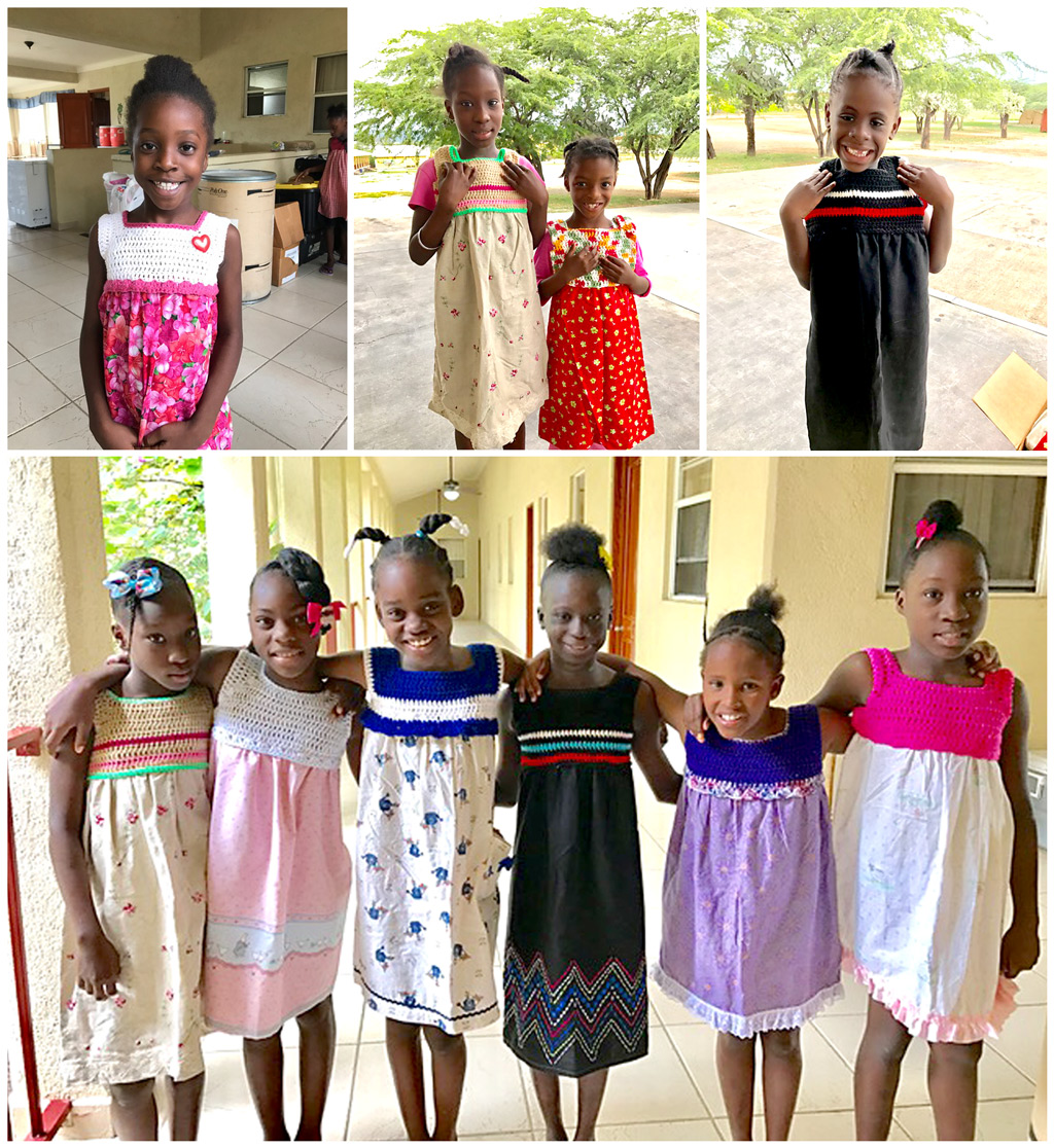 The girls love their new hand-crocheted dresses: 4-22-17  4:45 PM