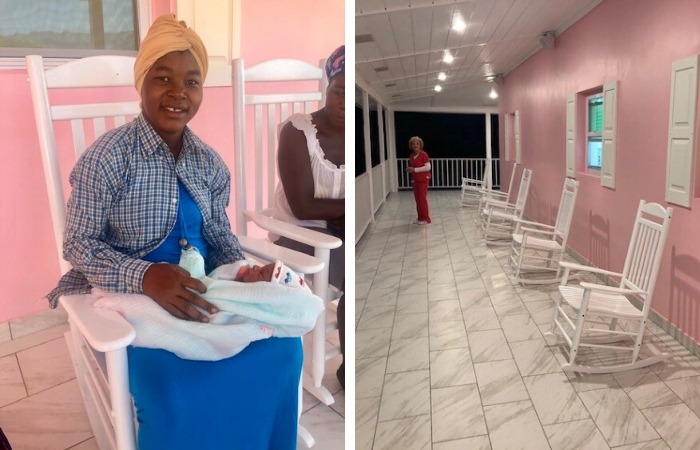 A new mother and her baby enjoy a seat on a rocking chair at the Love A Child Birthing Center.